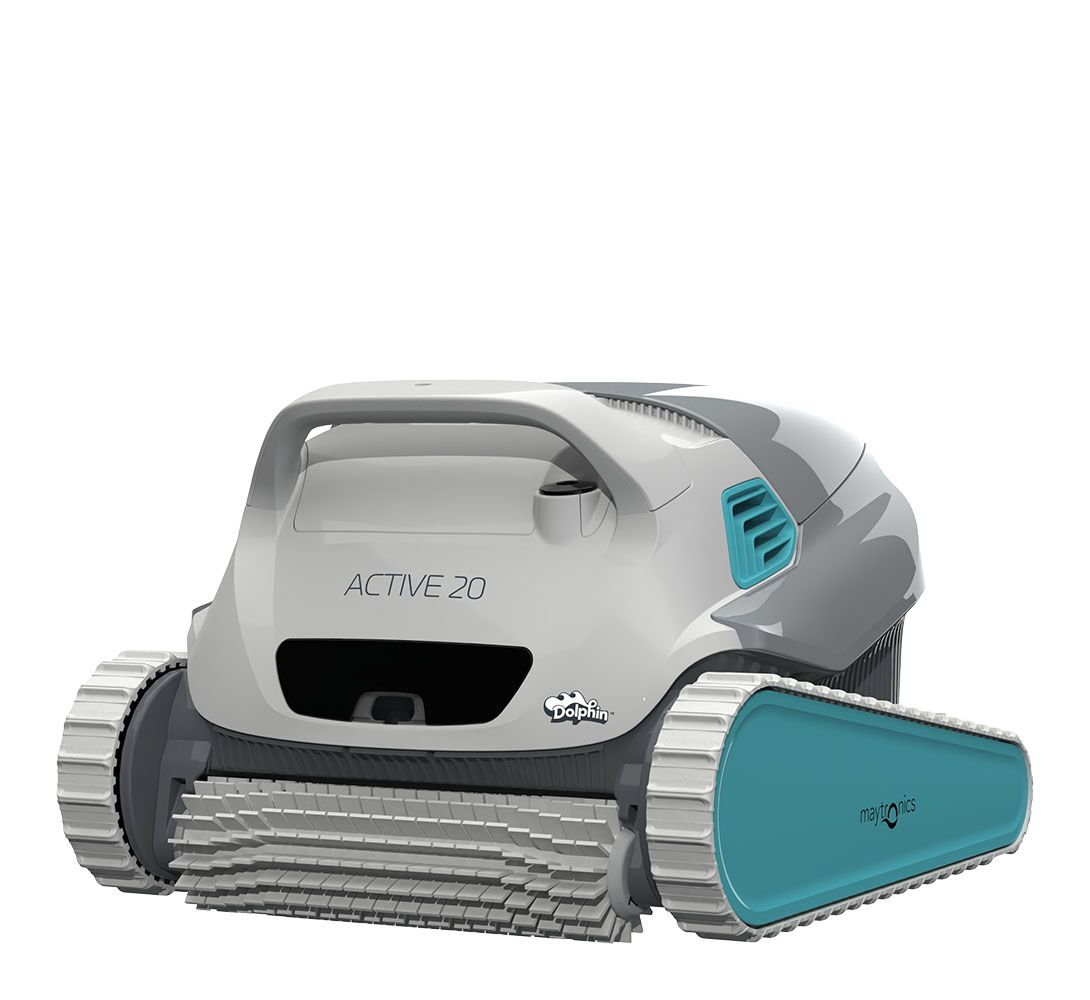 A white and blue robotic pool cleaner is sitting on a white surface.