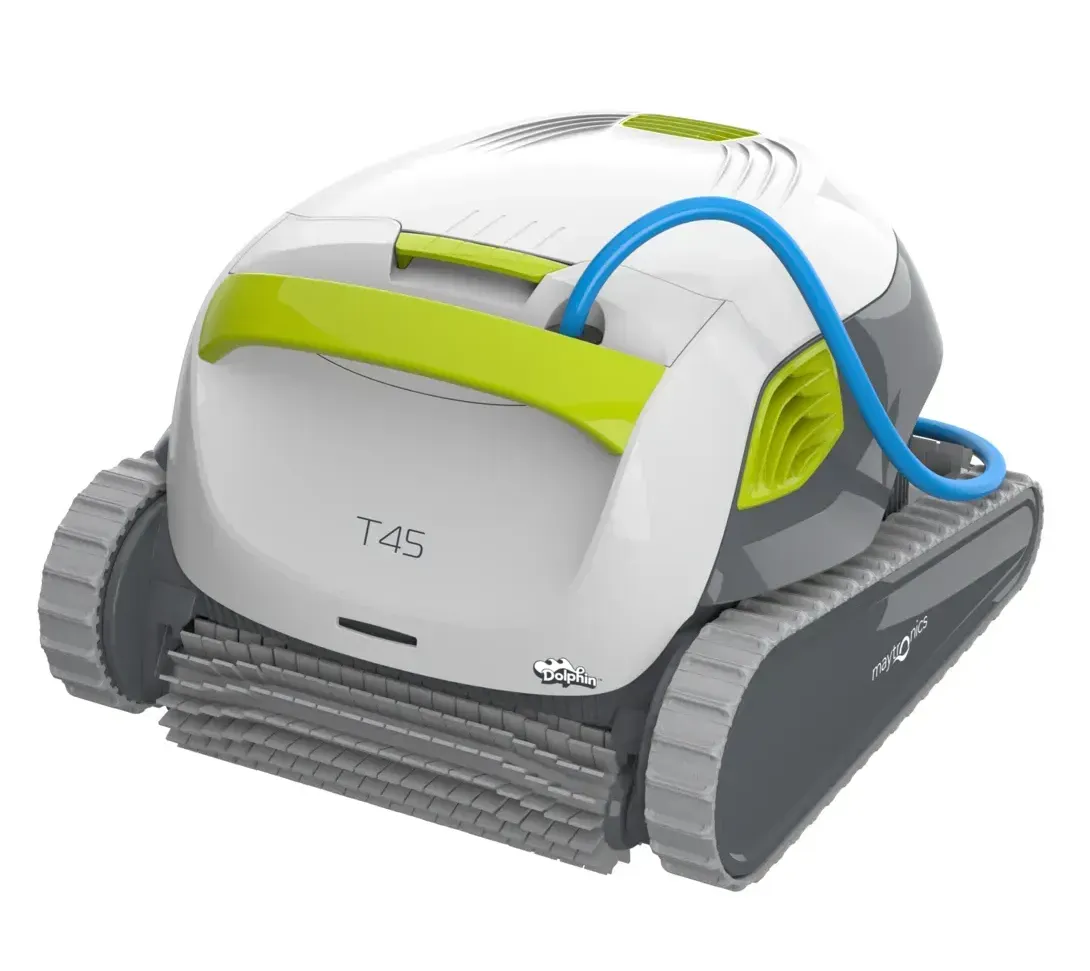 A t45 robotic pool cleaner with a blue hose attached to it