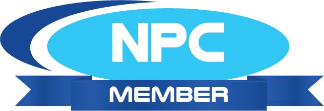 A blue and white npc member logo with a blue ribbon.