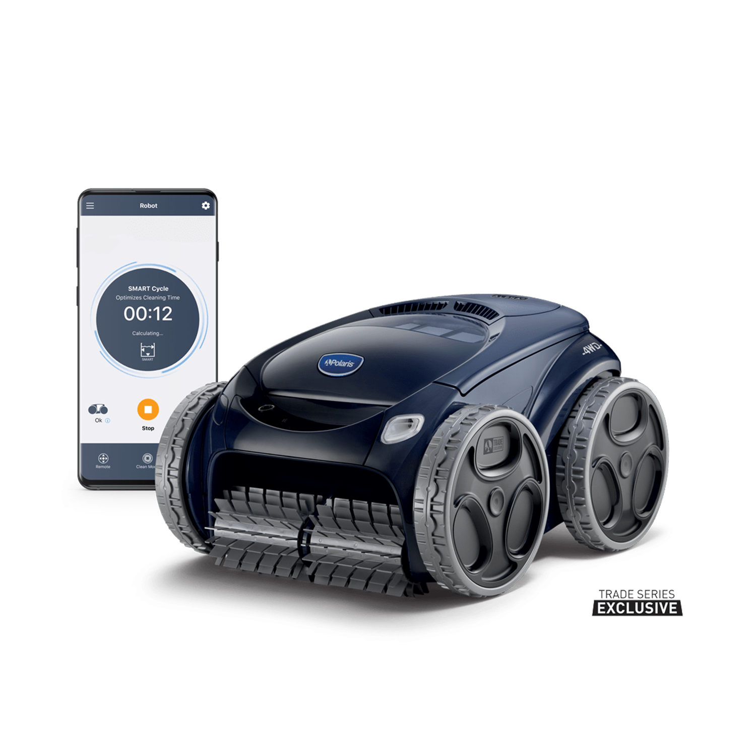 A robotic pool cleaner with a smart phone next to it.