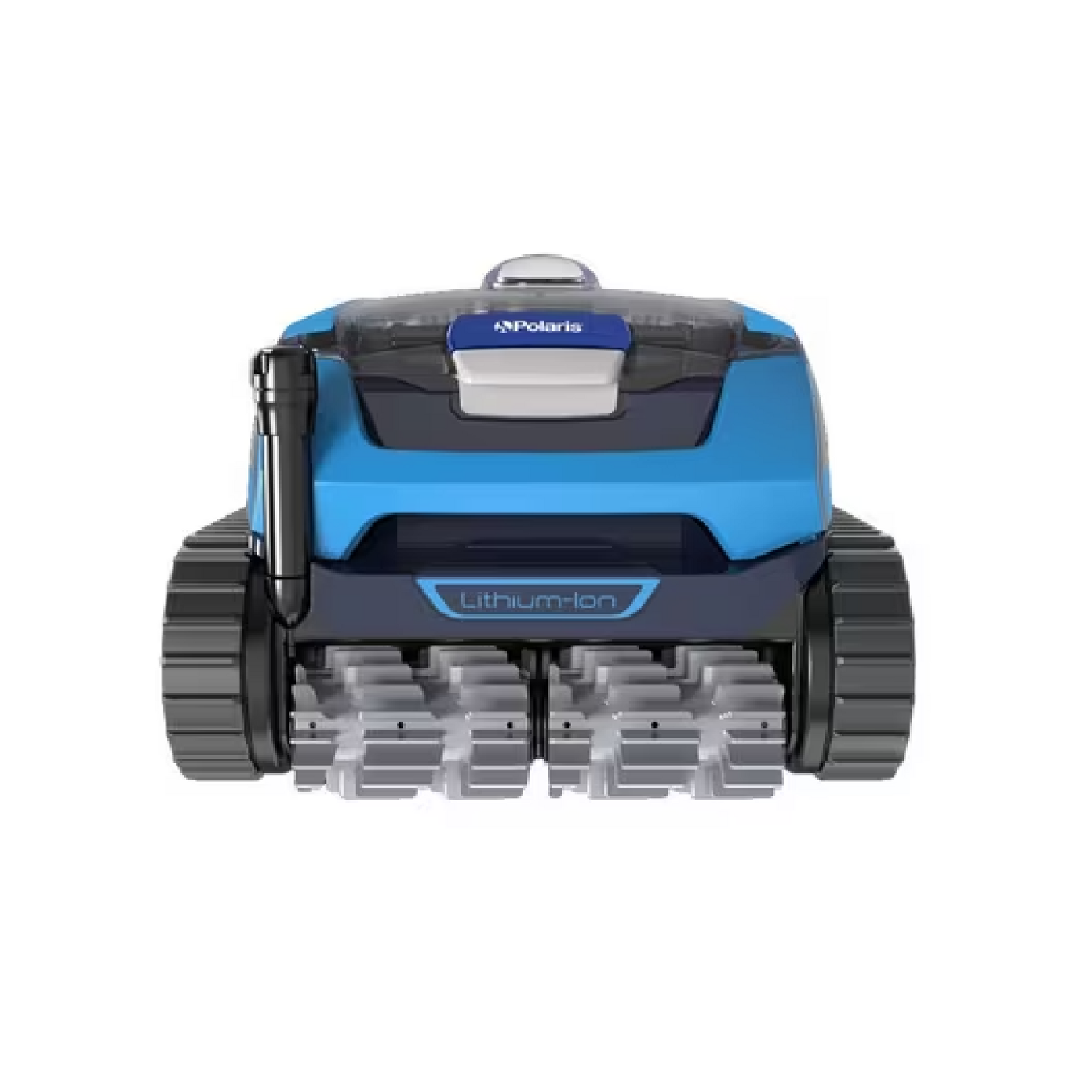 A blue and black robotic pool cleaner is sitting on a white surface.