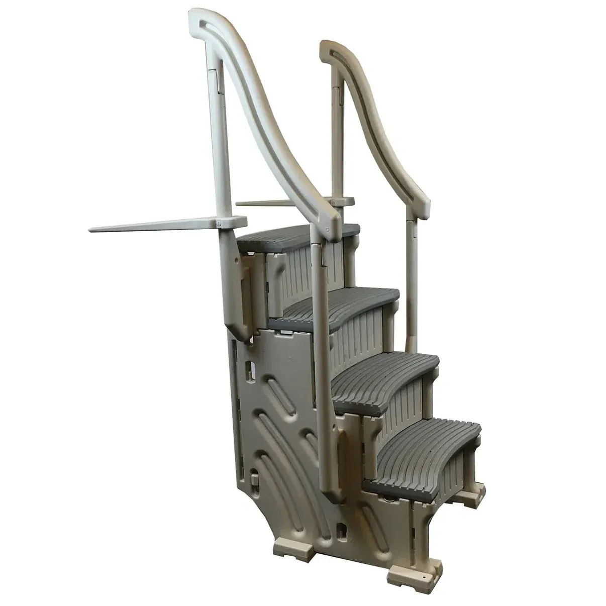 A set of stairs with a white railing on a white background