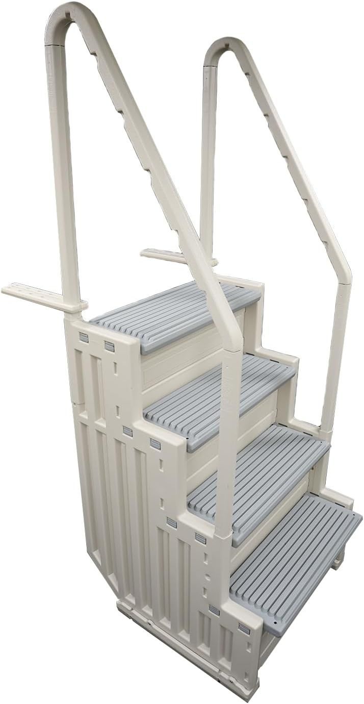 A set of stairs with a white railing on a white background.