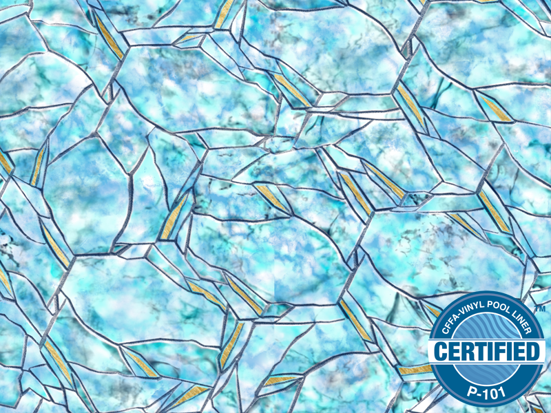 A close up of a stained glass pattern with a certified logo