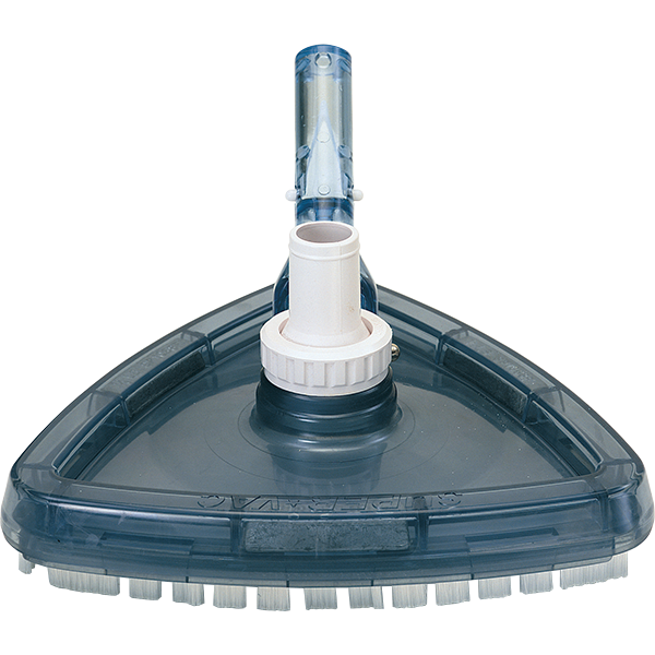 A triangle shaped pool cleaner has a white hose attached to it