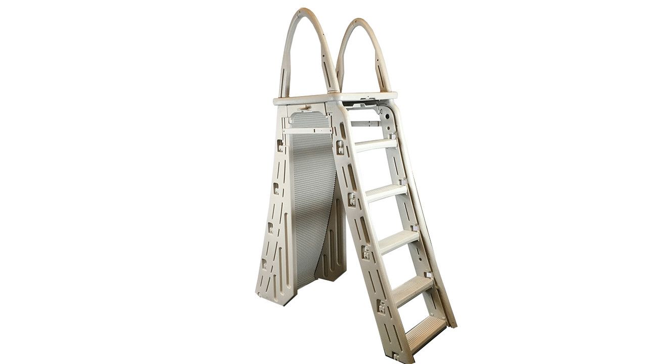 A white ladder is sitting on top of a white surface.
