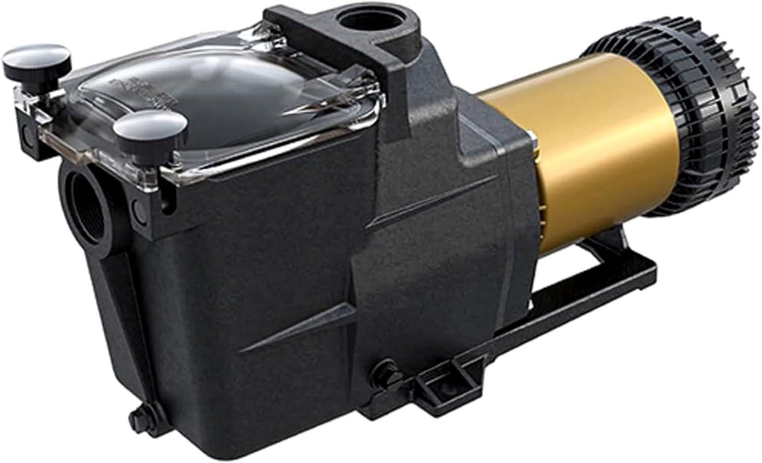 A black and gold swimming pool pump on a white background