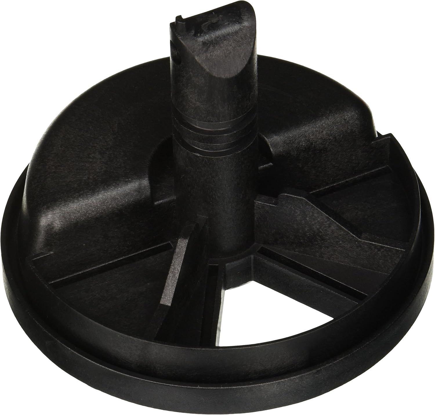 A close up of a black plastic item on a white background