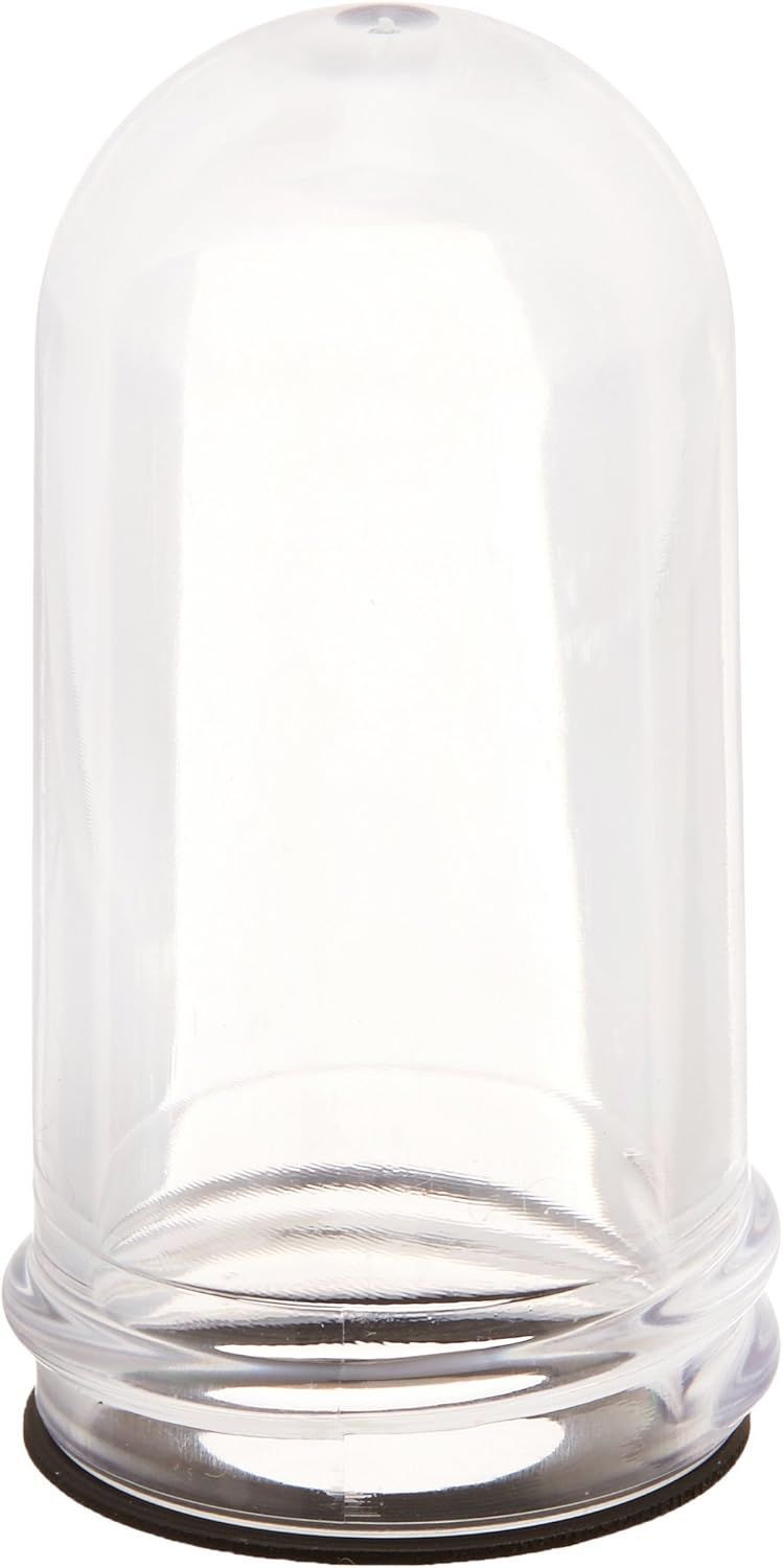 A clear plastic dome with a black base on a white background.