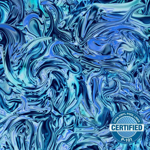 A close up of a blue and white swirl pattern with a certified logo.
