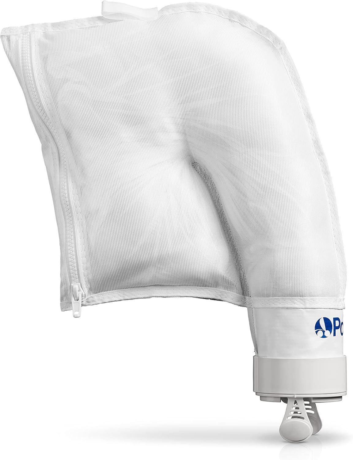 A white pillow with a zipper on it is sitting on a white surface.