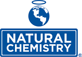 A blue sign that says natural chemistry with a globe on it