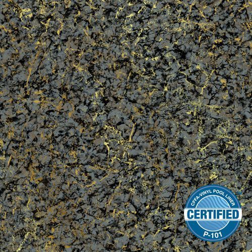 A close up of a black and gold carpet with a certified label on it.