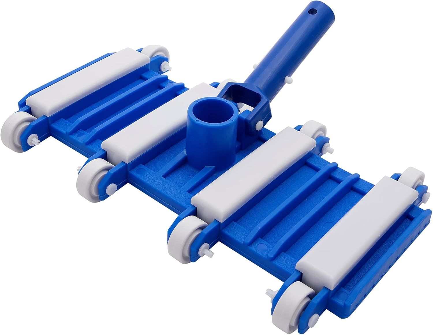 A blue and white swimming pool vacuum with wheels