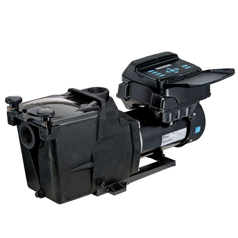 A black swimming pool pump with a remote control attached to it.