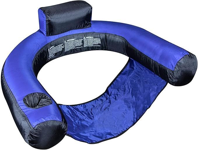A blue and black float with a pillow attached to it on a white background.