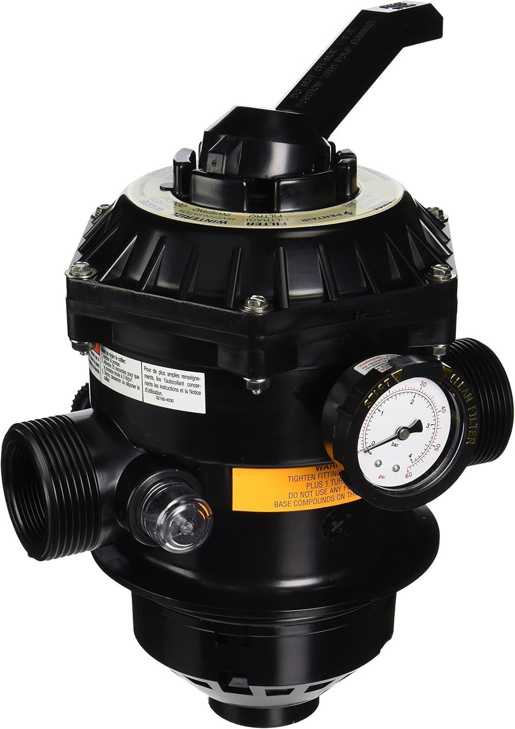 A black valve with a clock on it on a white background.