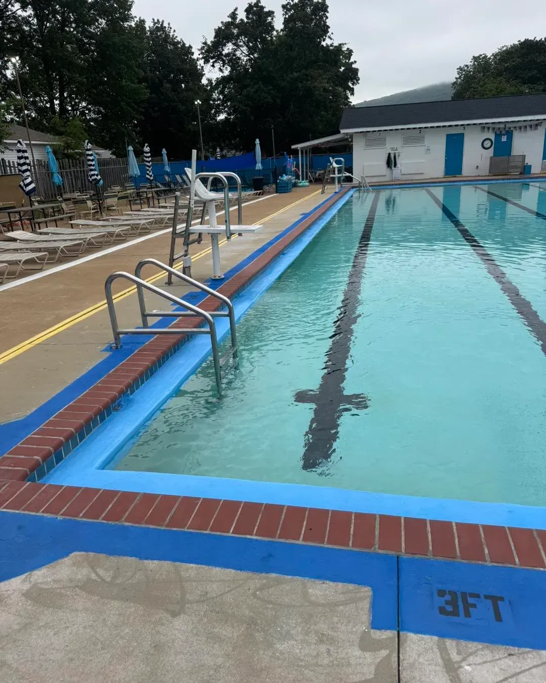 Outdoor lap pool with lane lines, blue-tiled edge, and metal pool steps on the left.