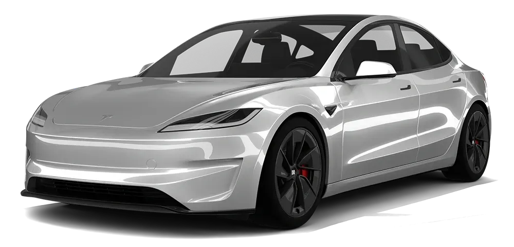 Silver sedan electric car on a white background, shown in three-quarter front view.