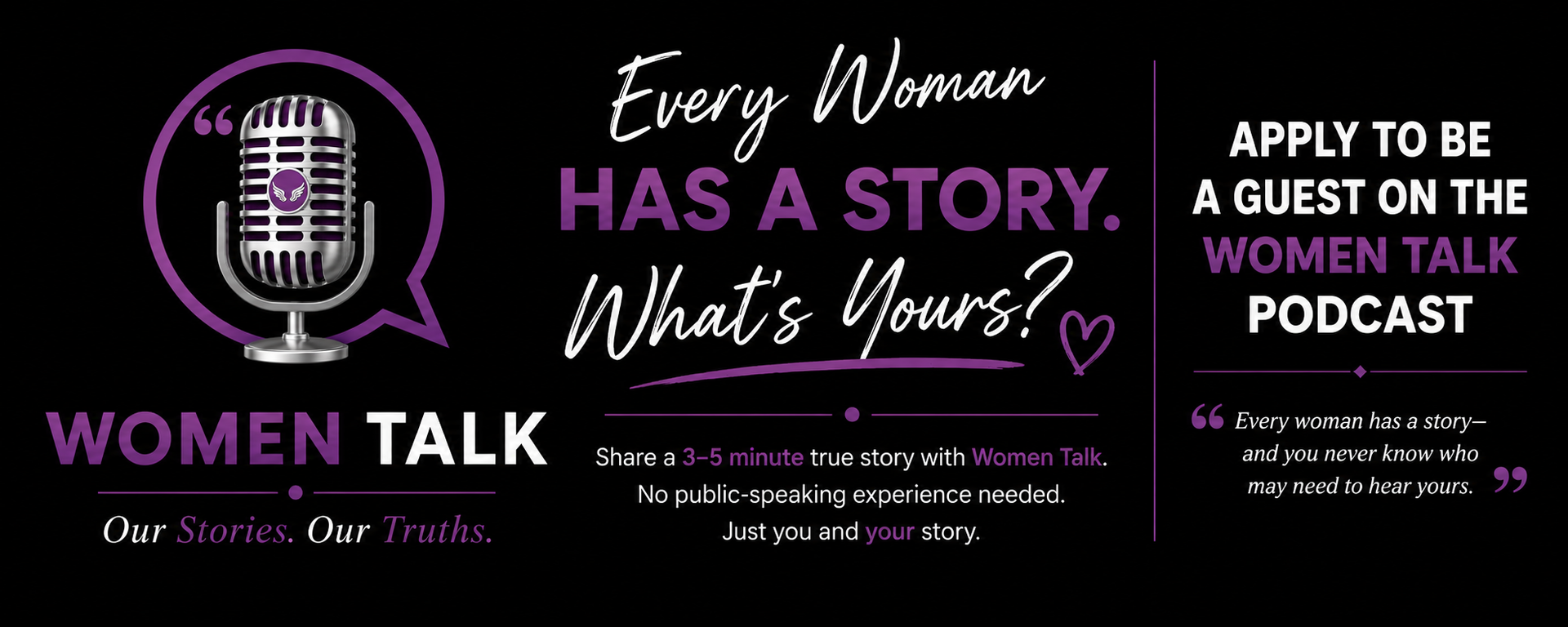 Black promo banner: “Apply to be a guest on the Women Talk Podcast” with microphone logo and tagline.