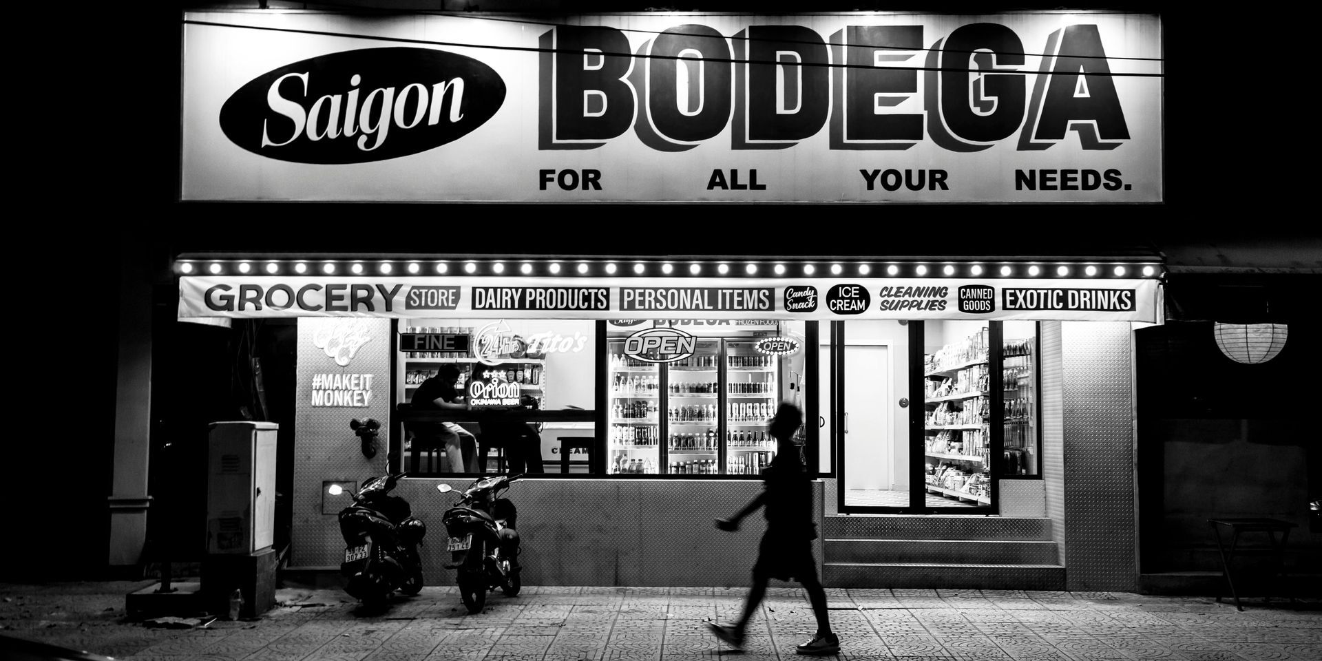 A black and white photo of a grocery store called saigon bodega
