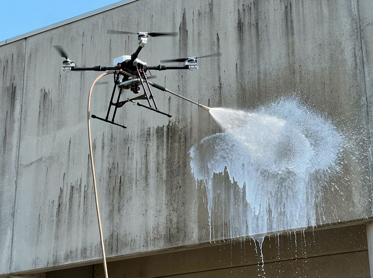 Un drone pulvérise de l'eau sur un mur en béton.