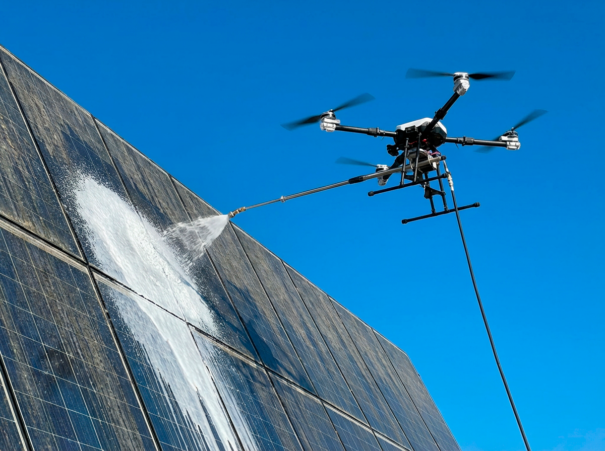 Un drone pulvérise de l'eau sur un panneau solaire sale, le tout sur fond de ciel bleu.