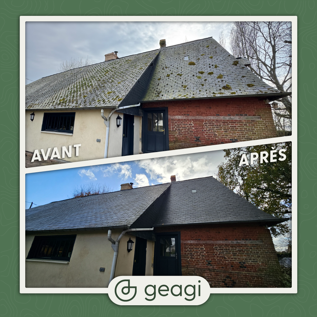 Avant et après le nettoyage d'une toiture. 