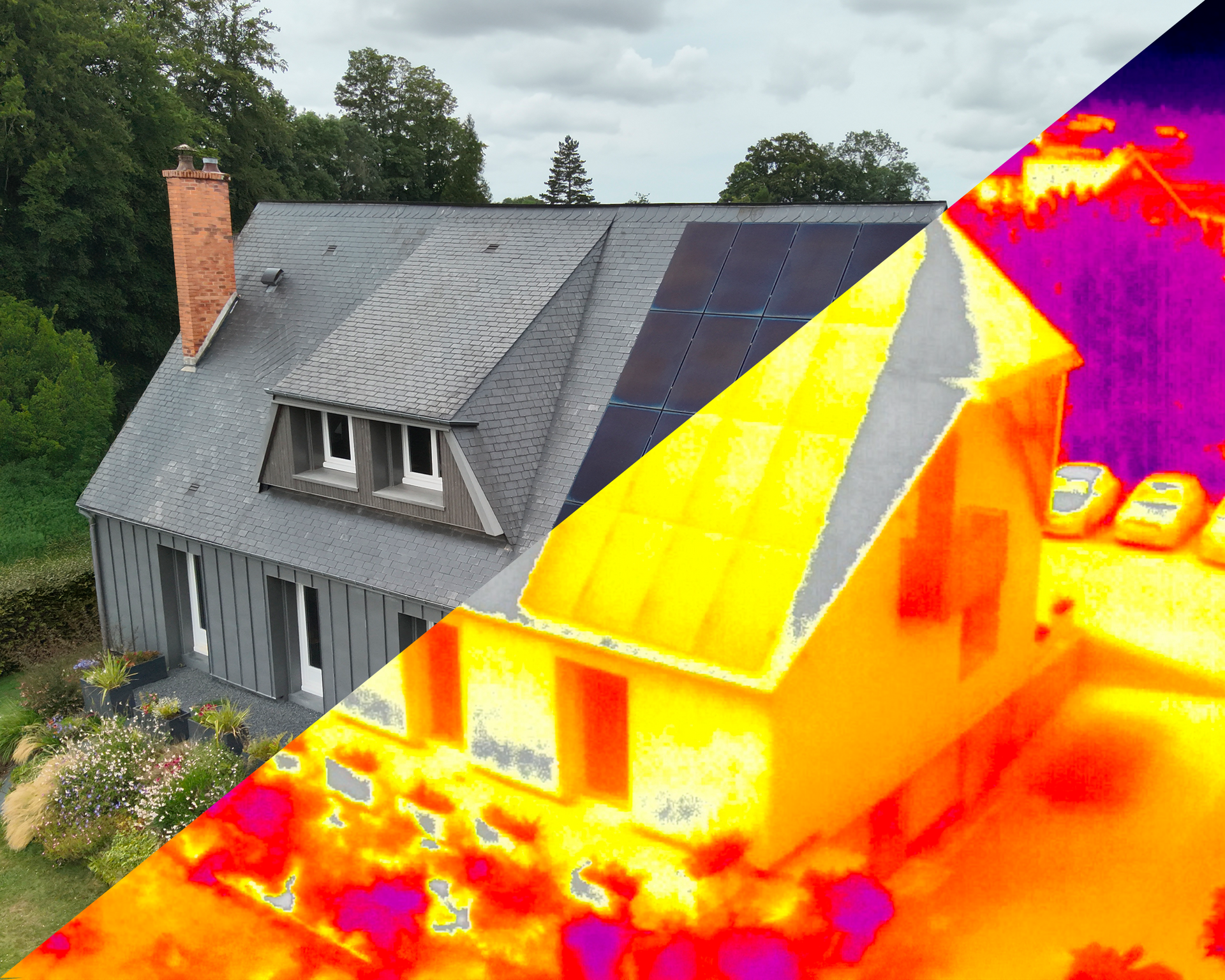 Vue en deux parties de la maison : à gauche, une image classique ; à droite, une image thermique