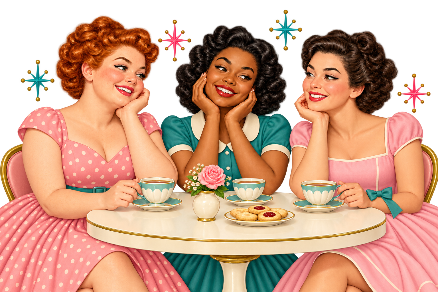 Three women in retro pink and teal dresses enjoying tea together.