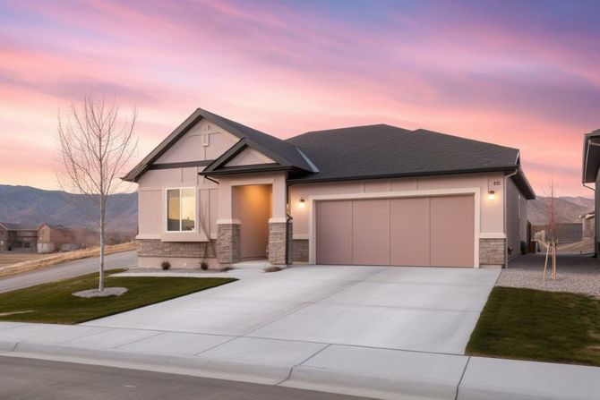 New suburban house with a white garage door and concrete driveway under construction