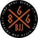 a black circle with a cross and the word bjj on it
