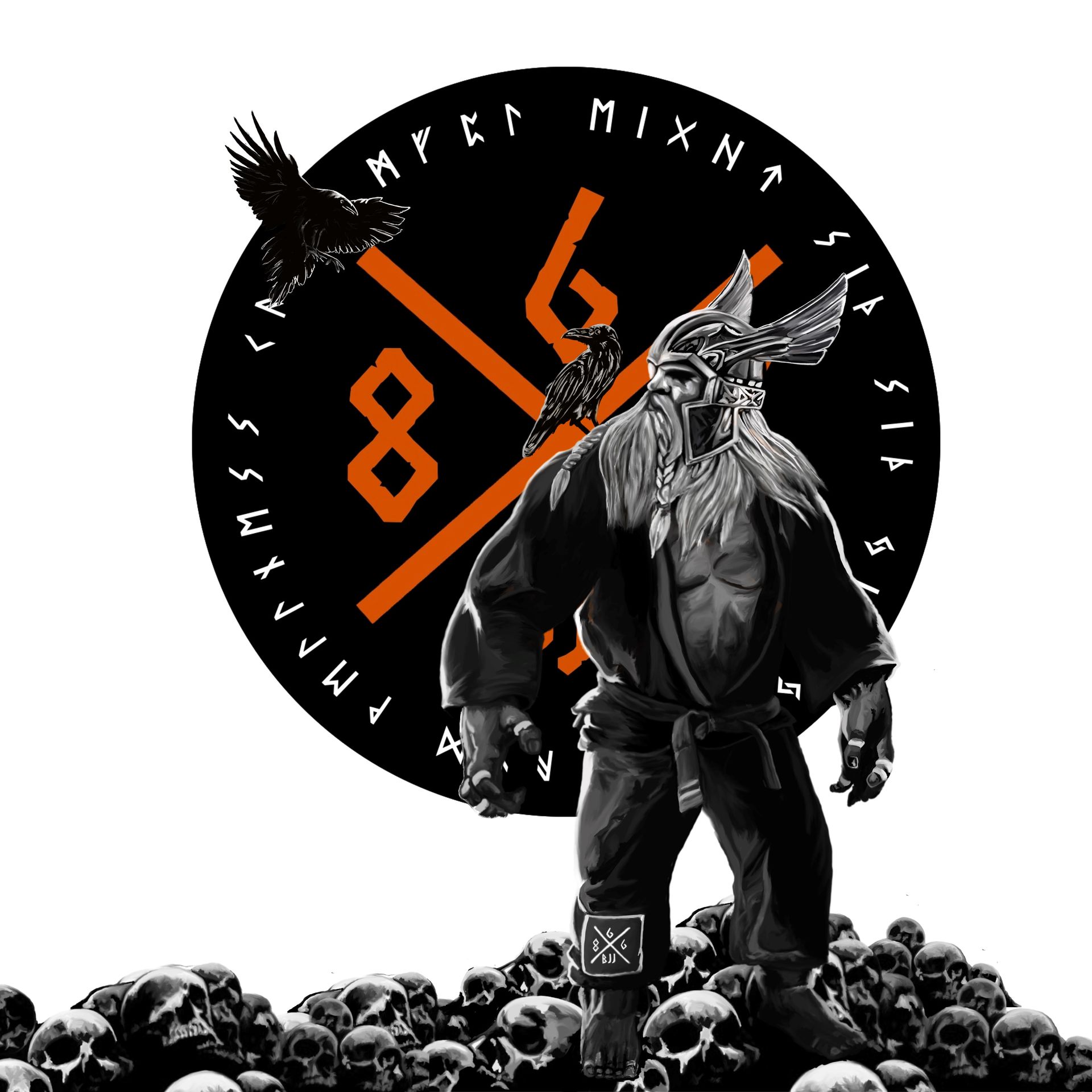a man with a beard is standing in front of a pile of skulls .