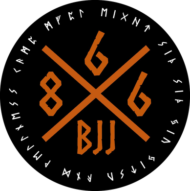 a black circle with a cross and the word bjj on it