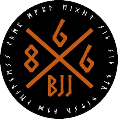 a black circle with a cross and the word bjj on it