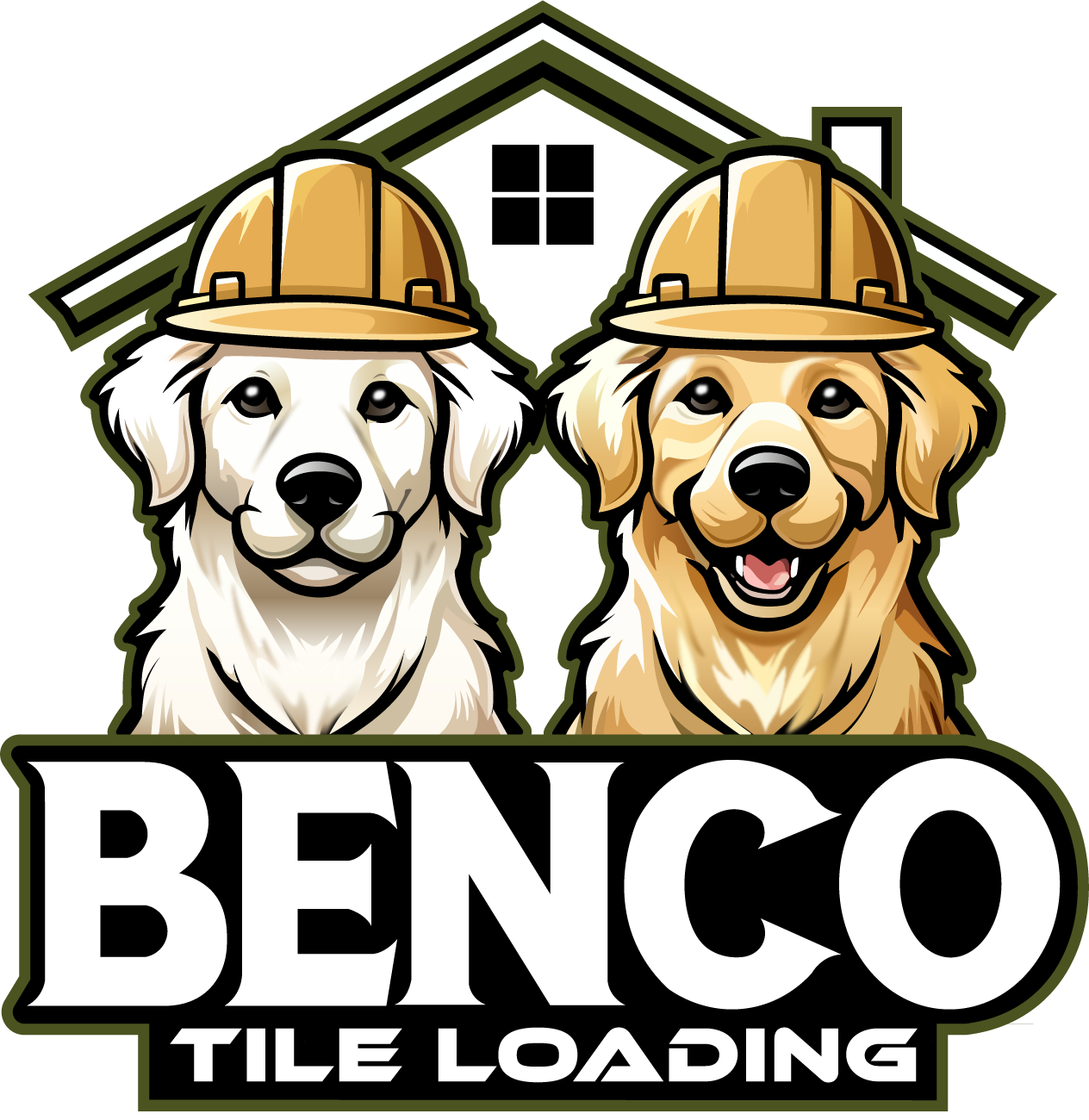 Two dogs in hard hats above “BENCO TILE LOADING” logo