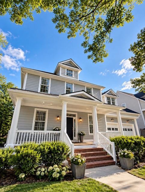 White two-story house with a front porch, brick steps, and lush green landscaping under a blue sky