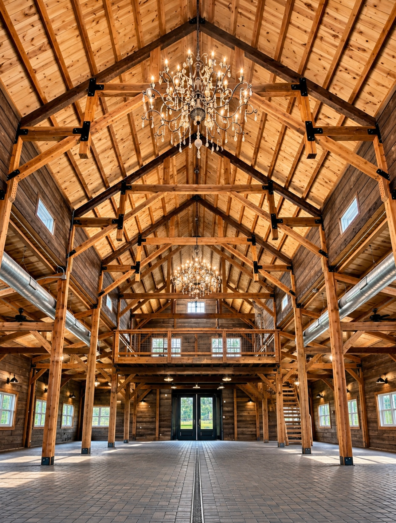 Interior of a rustic timber hall with exposed beams, chandeliers, and large windows, viewed from the center aisle