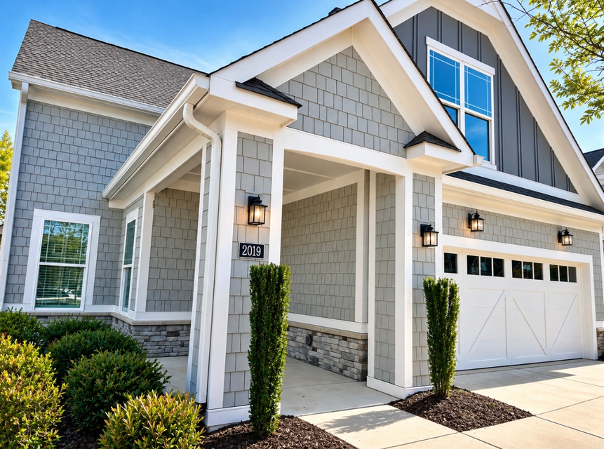Modern gray-and-white suburban house with a gabled roof, front porch, and two-car garage