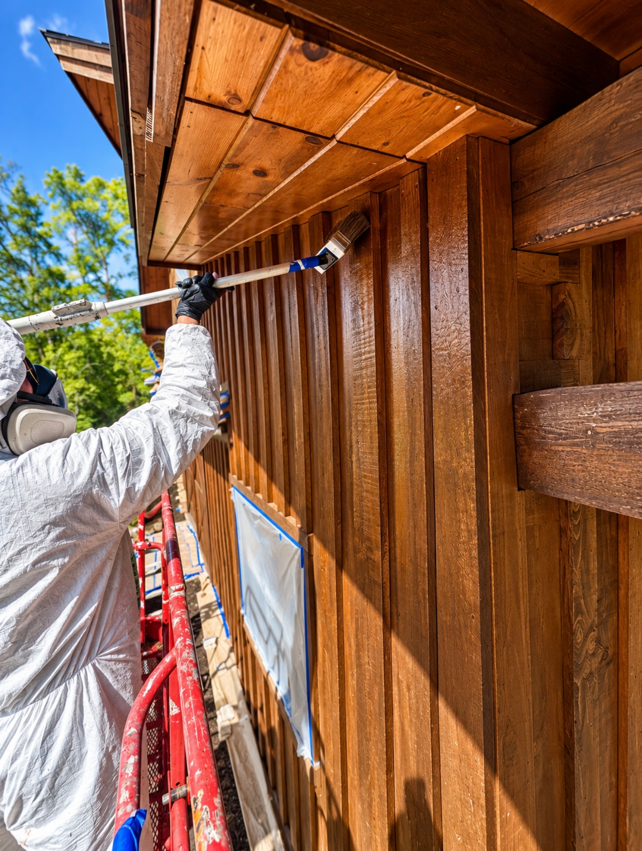 Worker painting a wooden exterior wall with a roller from a ladder