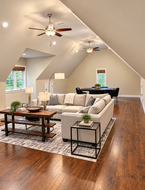 Spacious attic living room with gray sectional, wood floors, ceiling fans, and large windows.