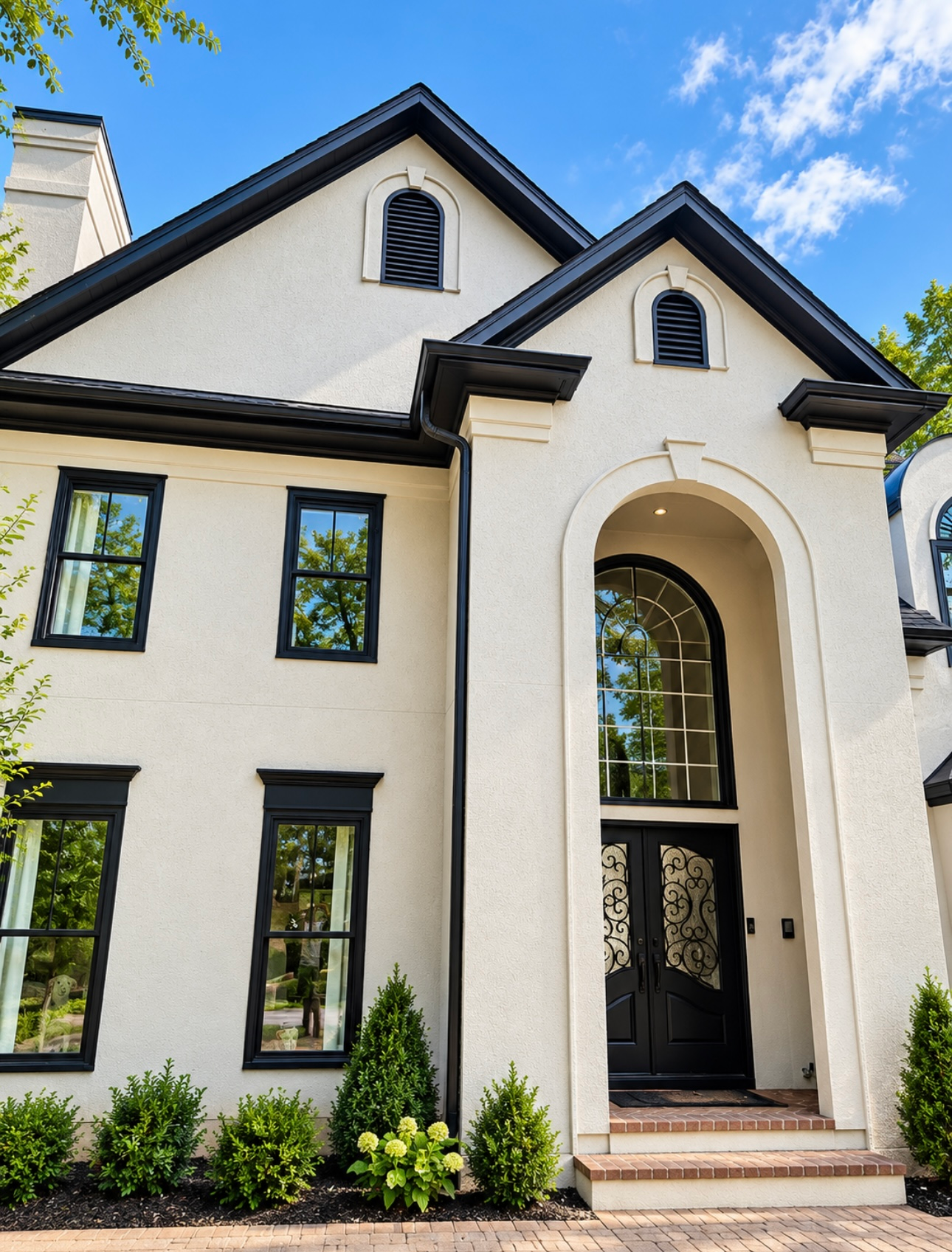 White stucco house with black trim and arched entry under a blue sky