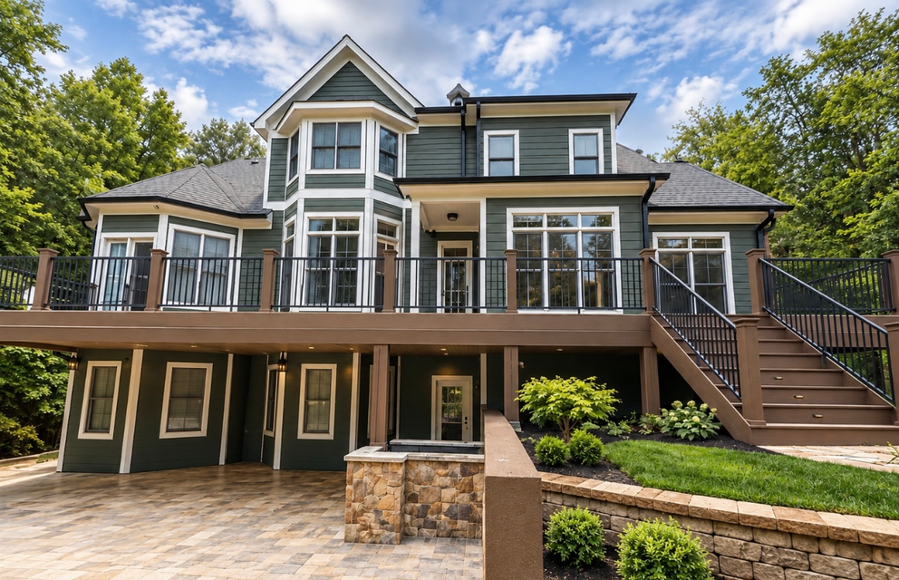 Large gray house with wraparound deck, stairs, and stone patio surrounded by trees under a blue sky