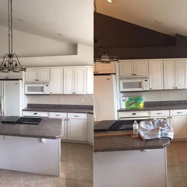 Split-view kitchen before and after cleaning, with white cabinets and dark countertops.