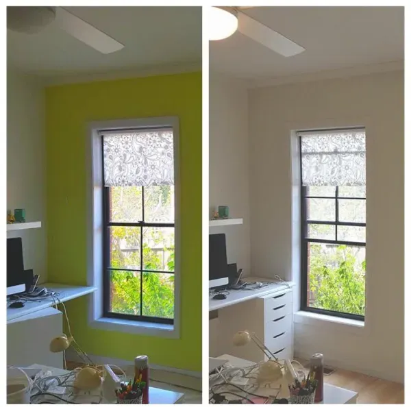 Split-view room: lime-green wall vs neutral wall beside a window and desk, showing a before-and-after paint change