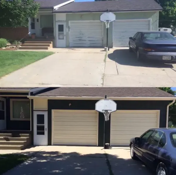 Before-and-after view of a driveway and garage with a basketball hoop, showing exterior improvements.
