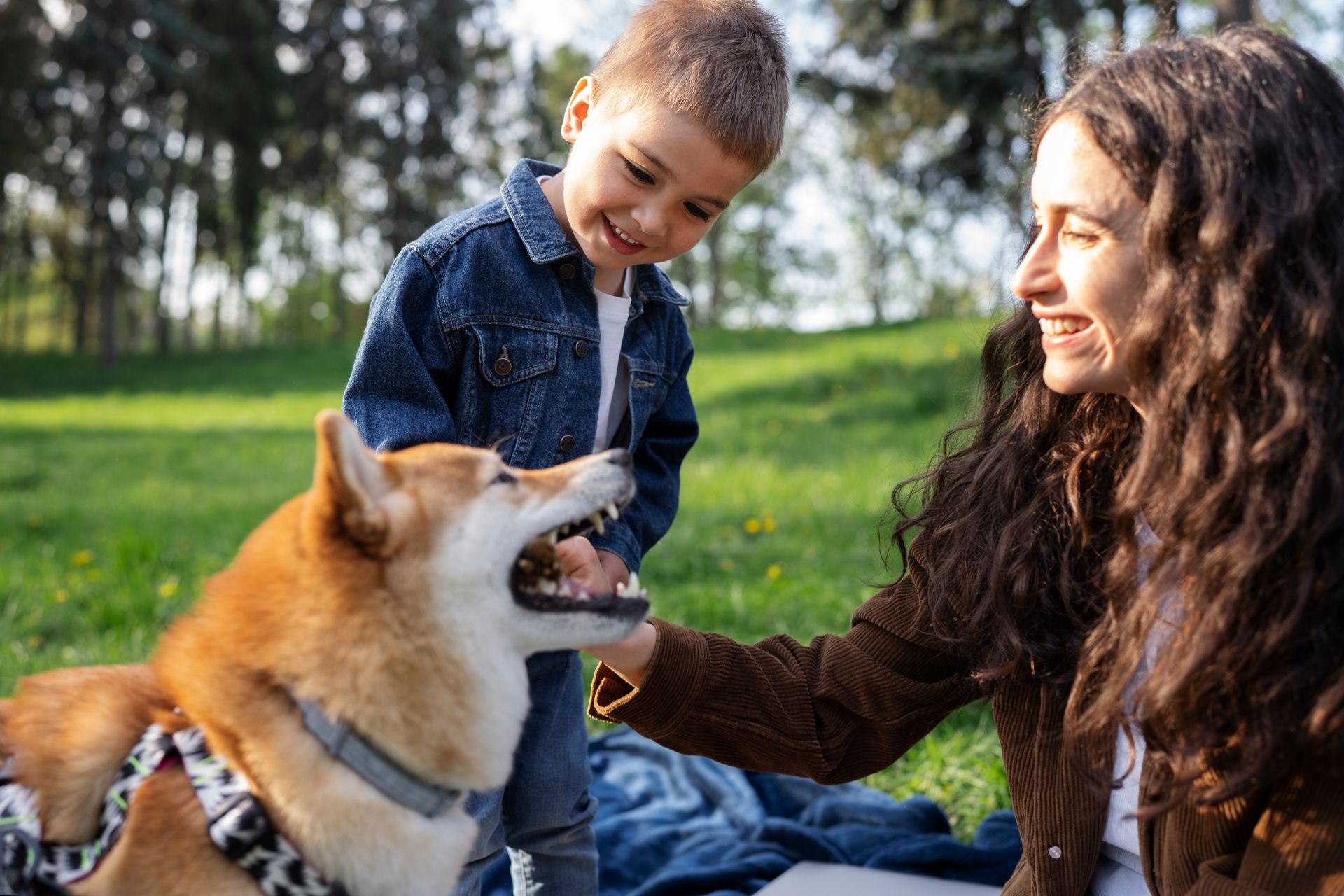 Woman and child pet a dog in a sunny park, with the child smiling and the dog looking up.