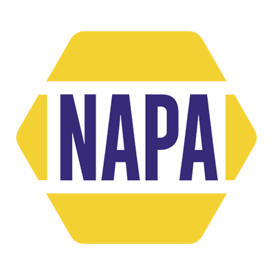 NAPA logo: blue wordmark on a yellow hexagon background