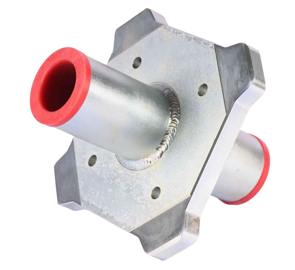 Metal industrial fitting with two pipes capped with red, and a square mounting plate.