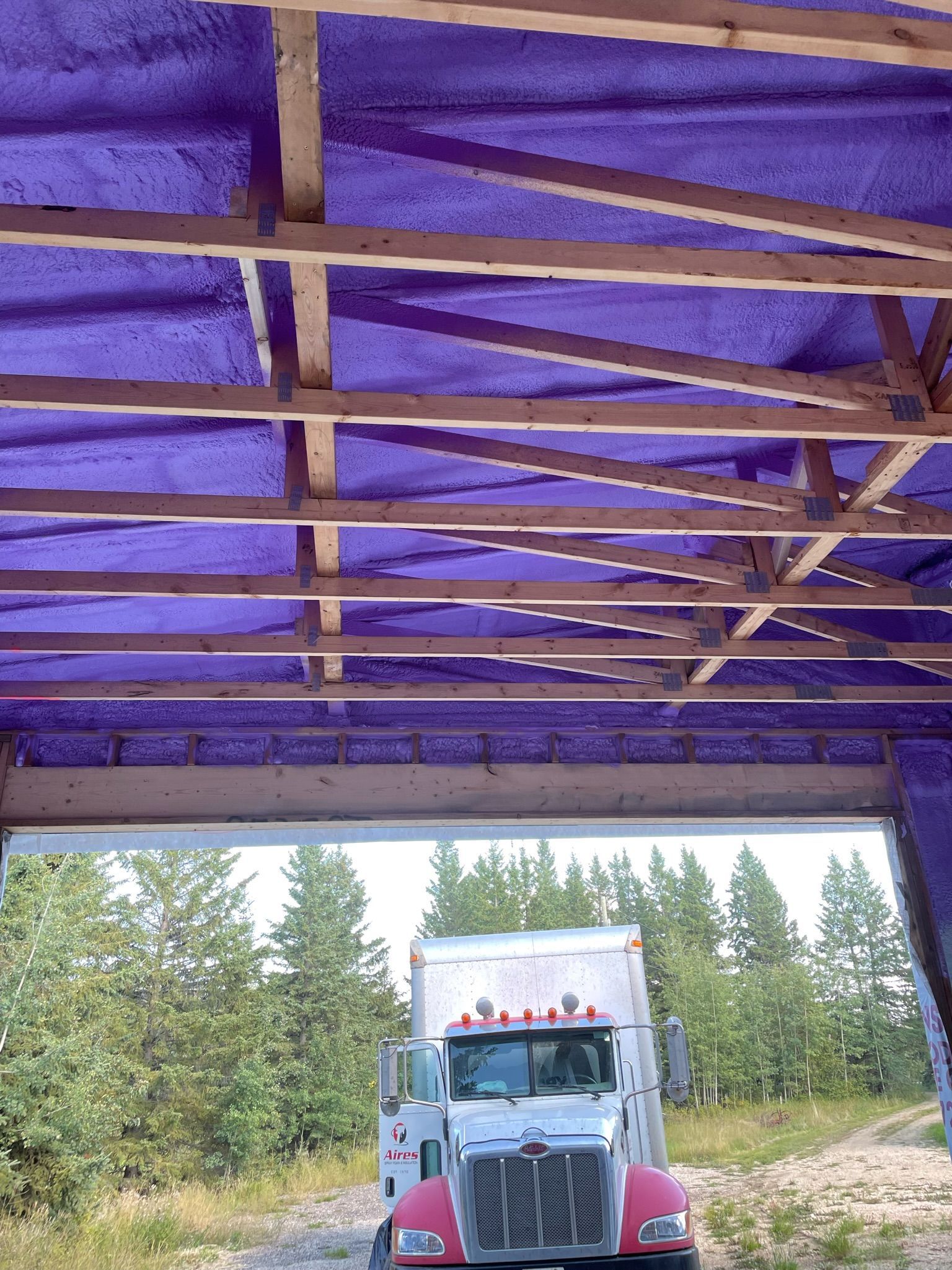 A truck is driving under a bridge with purple insulation.